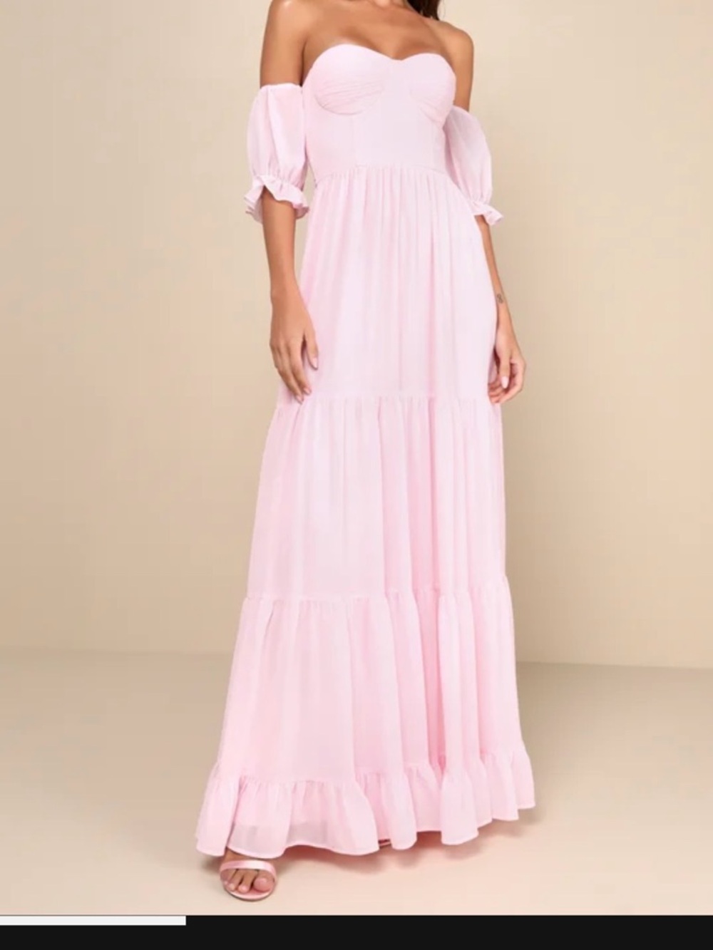 Lulu's Pale Pink Off-the-Shoulder Tiered Maxi Dress